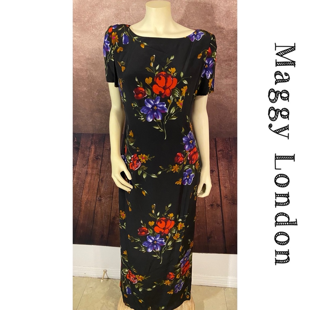 Maggy London~Vintage~100% Silk Floral SS Dress~open back~women’s size 8~EUC